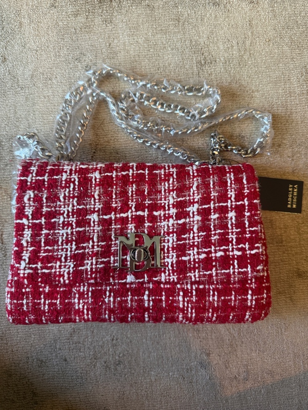 Badgley Mischka Red Tweed Shoulder Bag with Silver Chain